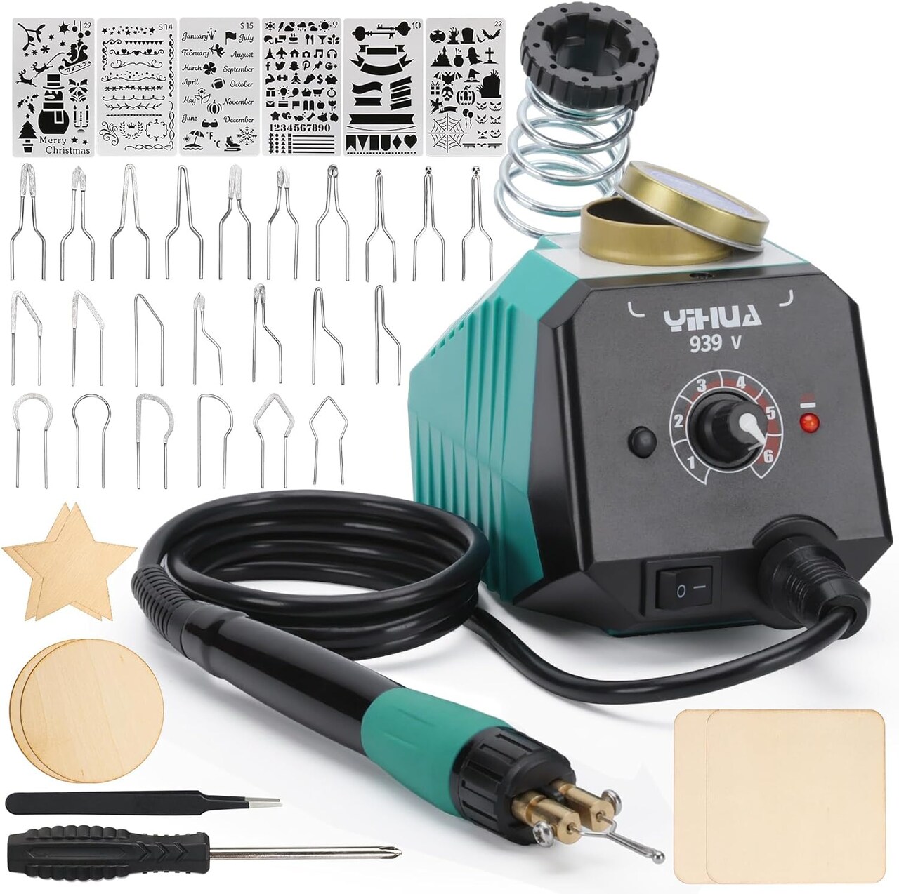 939-V Wood Burning Kit – Detachable Pen, 23 Nibs, 6 Wood Pieces, 6 Stencils, Tweezers.
